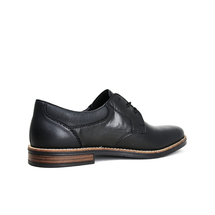 Men's black leather lace-up dress shoes with low stacked heel and brown sole edge