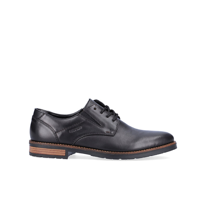Men's black leather lace-up formal shoe with textured panel and brown sole