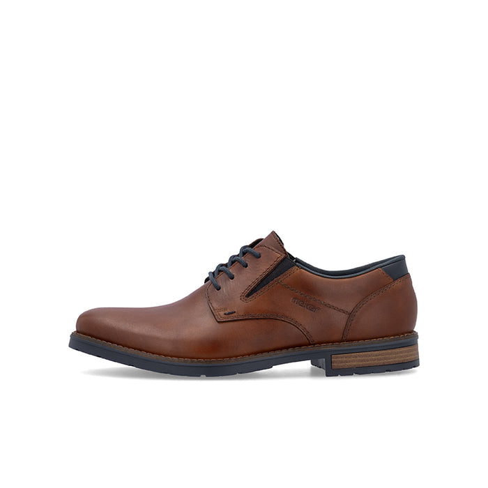 Men's brown leather lace-up shoe side view with dark sole and brown top edge