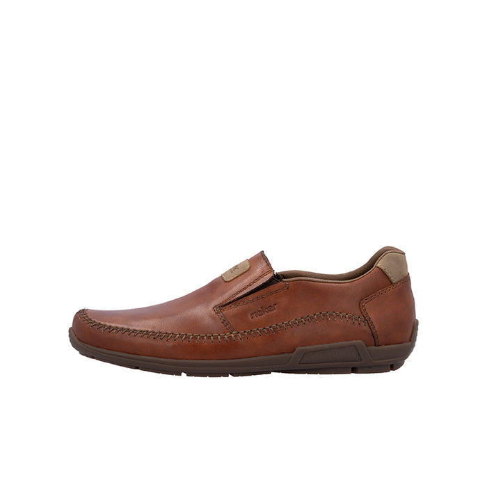 Brown leather men's slip-on loafer with top strap detail and grippy outsole