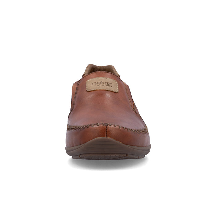 Brown leather men's slip-on loafer, rear view with pull-tab and logo patch