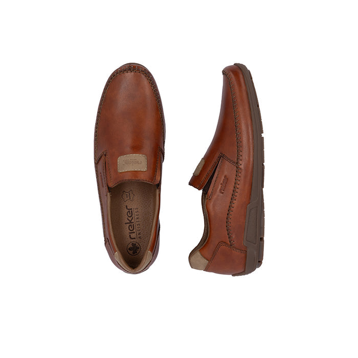 Brown leather men's loafers shown side and sole view with cushioned footbed