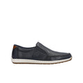 Men’s slip-on loafers, dark navy leather upper with perforated toe and white rubber sole