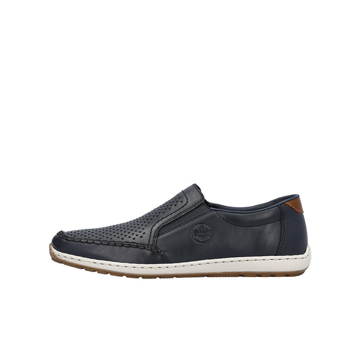 Men’s slip-on loafers, dark navy upper with perforated panel and white rubber outsole