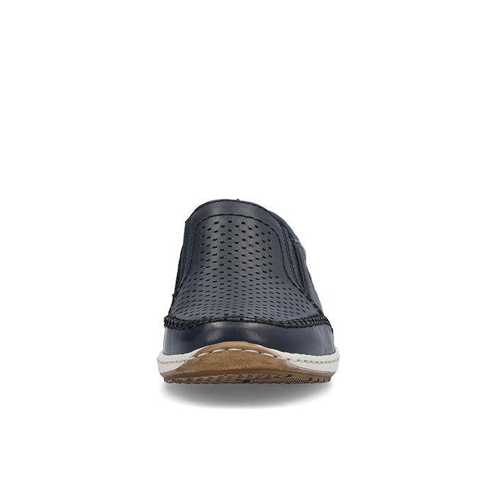 Men’s slip-on loafers, dark navy perforated upper with low-profile sole and heel tab