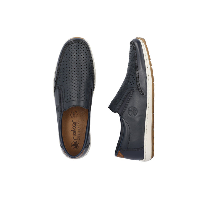 Men’s slip-on loafers, dark navy side view with Rieker logo on insole