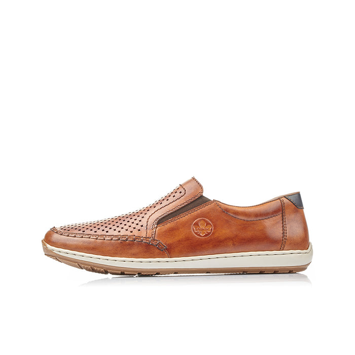 Men’s slip-on loafers, brown leather upper with decorative perforations and white outsole