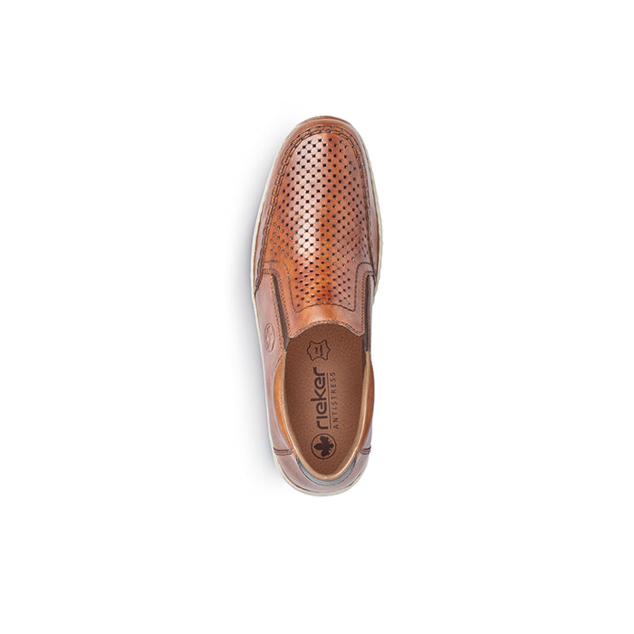 Men’s slip-on loafers, brown leather upper with perforated detail and Rieker logo on insole
