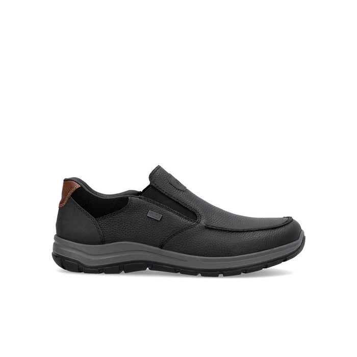 Black men's slip-on sneaker with padded collar and treaded rubber sole