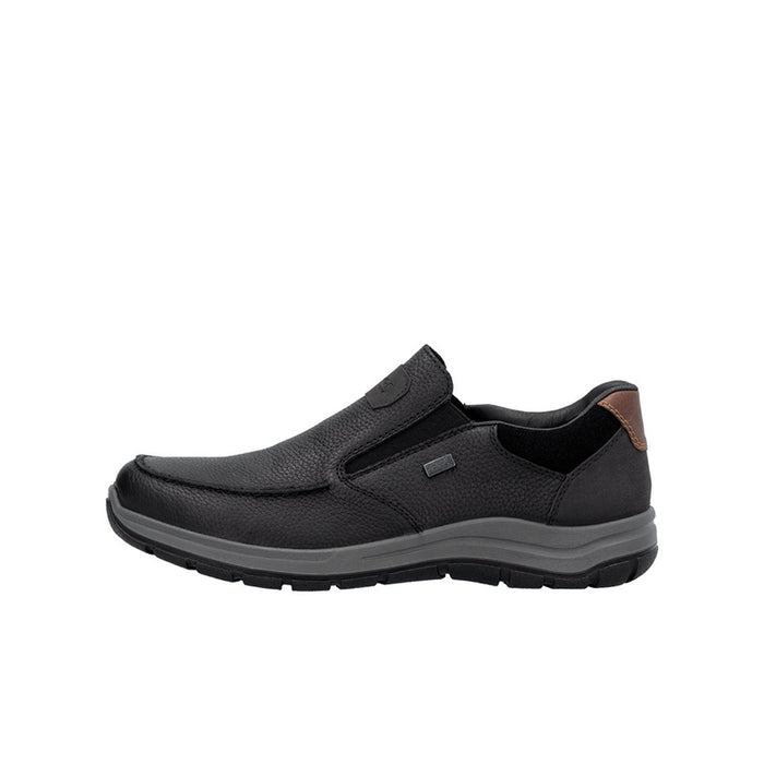 Black men's slip-on sneaker with hook-and-loop strap and rubber tread sole