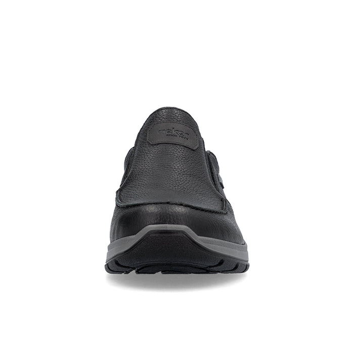 Black men's slip-on sneaker with rear logo patch and cushioned heel