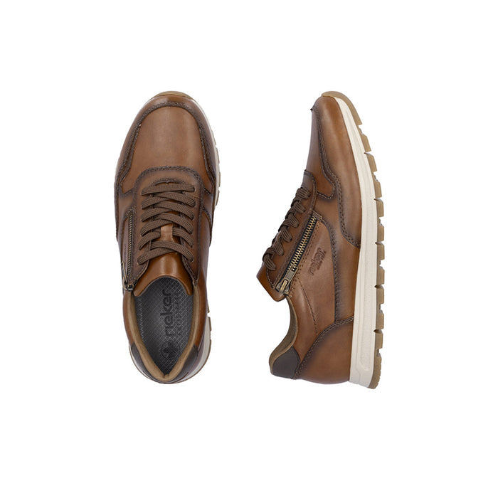 Men's brown sneakers front and side views, lace-up with side zipper and rubber sole