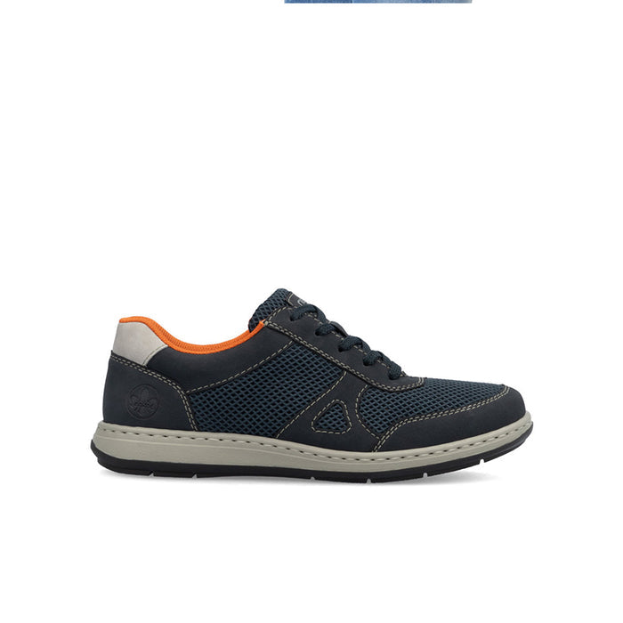 Men's dark blue lace-up sneakers with orange collar and gray rubber sole