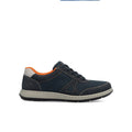 Men's dark blue lace-up sneakers with orange collar and gray rubber sole