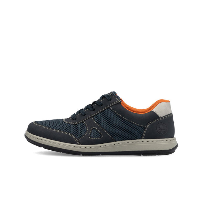 Men's dark blue lace-up sneakers with orange lining and textured upper, side view