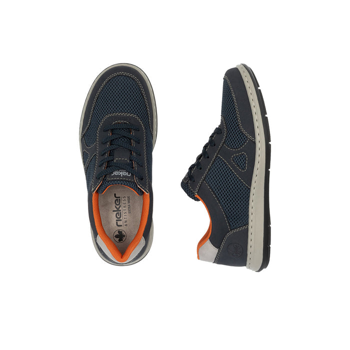Men's dark blue sneakers front and side views with orange accents and gray sole