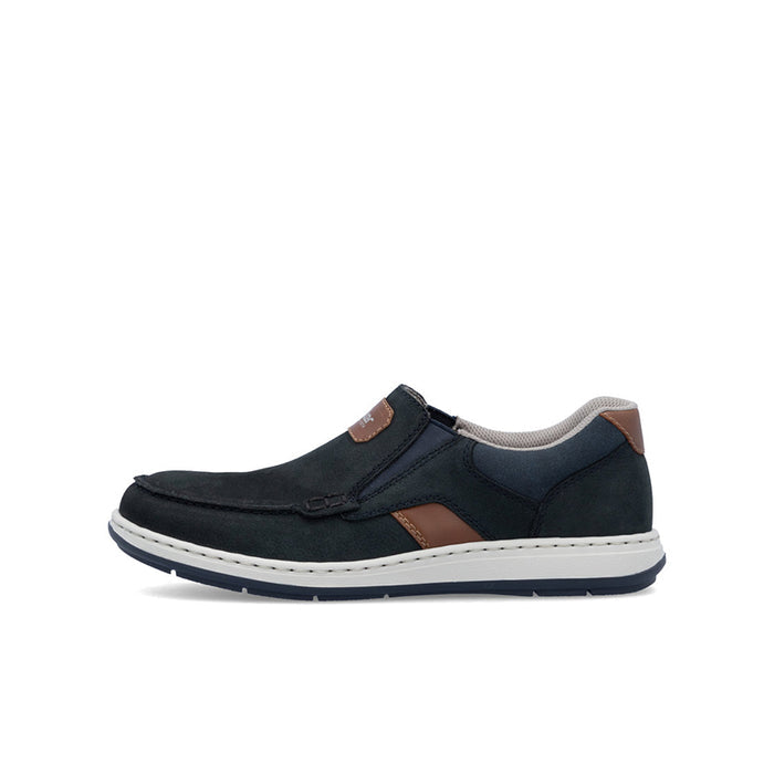 Men's dark blue slip-on sneakers with tan accents and white sole, side view