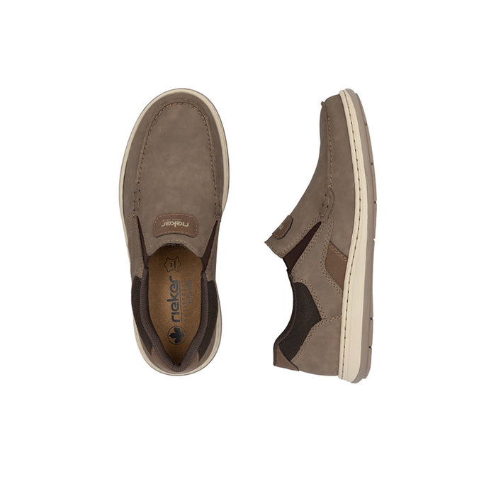 Men's taupe slip-on sneakers showing insole and side profile, white sole