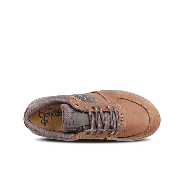 Men's brown lace-up sneakers side view with padded tongue and textured sole