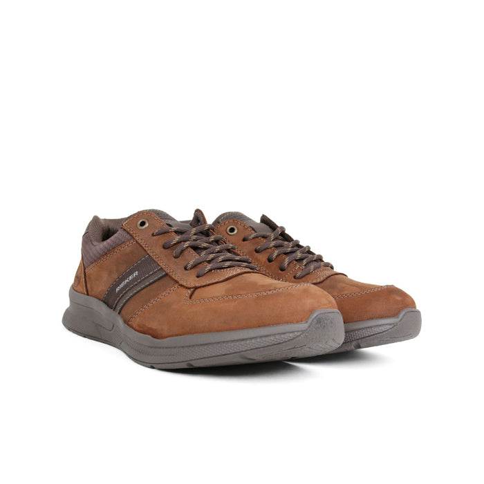 Men's brown lace-up sneakers with gray sole, round toe, and stitched panels