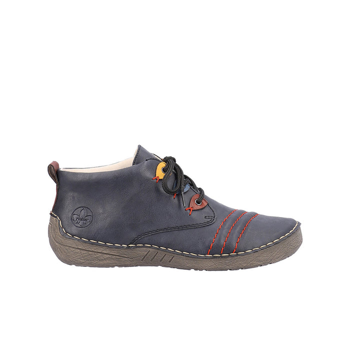 Dark blue leather lace-up sneakers with orange stitching and side logo