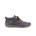 Dark blue leather lace-up sneakers with orange stitching and side logo
