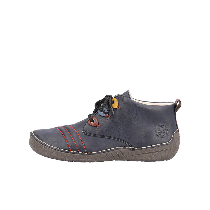Dark blue leather high-top sneakers with lace-up front and orange-red stitching