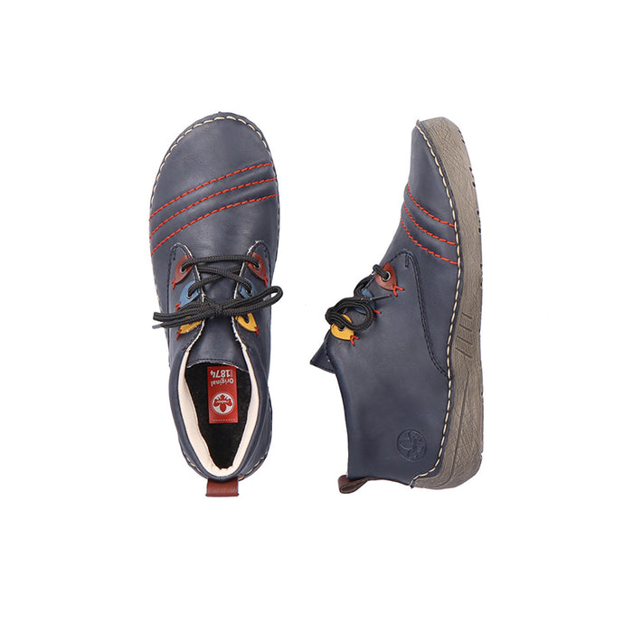 Dark blue lace-up sneakers with side logo and visible cushioned insoles
