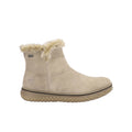 Beige suede ankle boots with faux-fur cuff, side zip, and rugged textured sole
