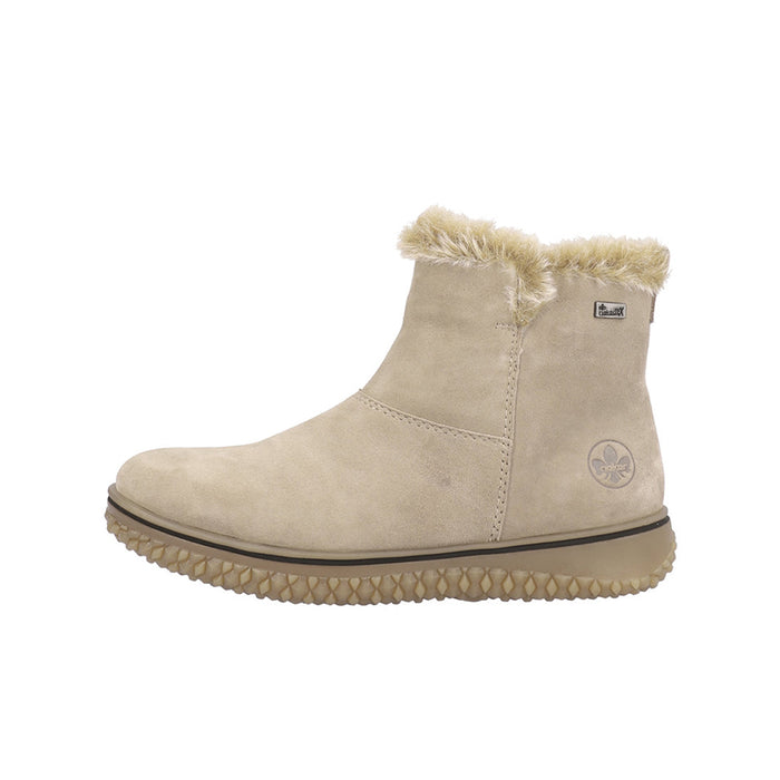 Beige ankle boots with faux-fur collar, side zip, and grippy textured outsole