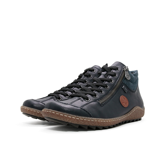 Women’s lace-up ankle boots in dark blue leather with side zip and rugged sole