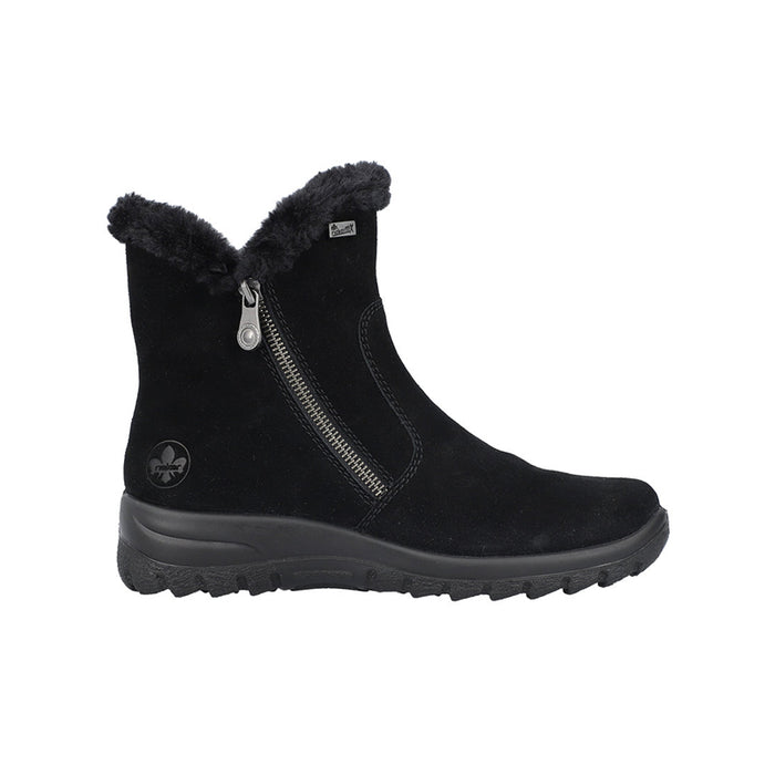 Black suede zip-up winter boots with faux-fur collar and treaded sole