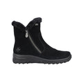 Black suede zip-up winter boots with faux-fur collar and treaded sole