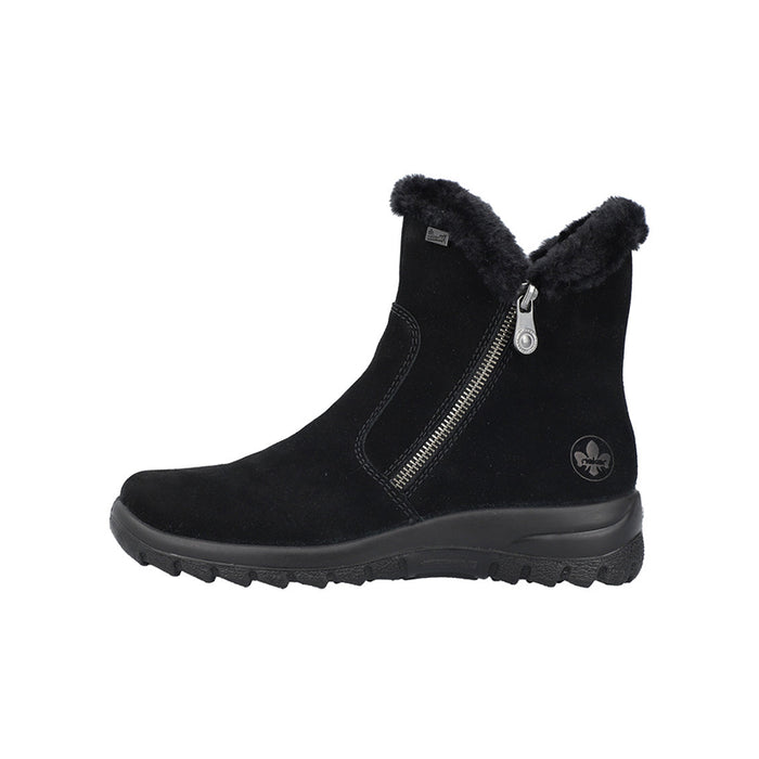 Black suede zip ankle boots with faux-fur lining and rugged outsole