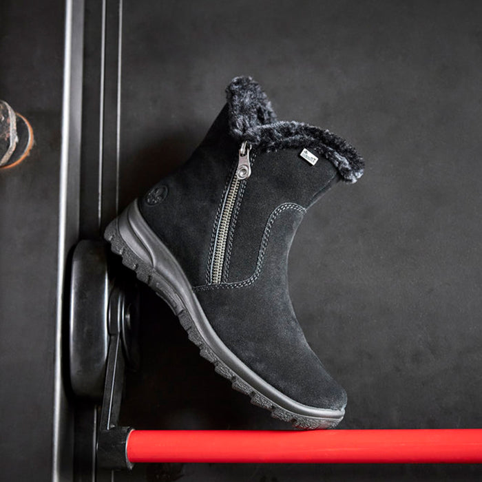 Black suede zip winter boots with faux-fur trim and cushioned tread sole