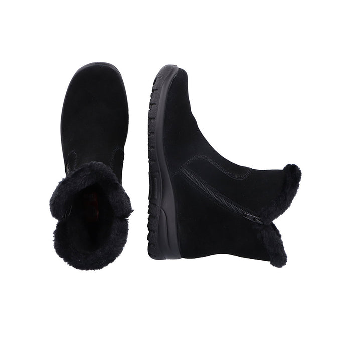 Pair of black suede ankle boots with side zipper and faux-fur cuffs