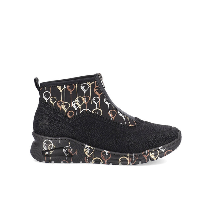 Women’s black ankle boots with gold graphic art upper and cushioned sole