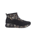 Women’s black ankle boots with gold graphic art upper and cushioned sole