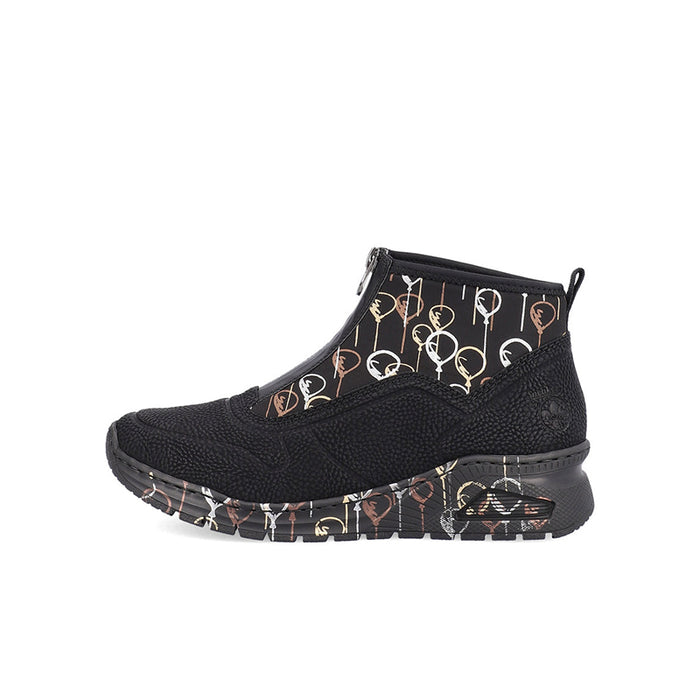 Women’s black ankle boots with gold art print collar and patterned rubber outsole