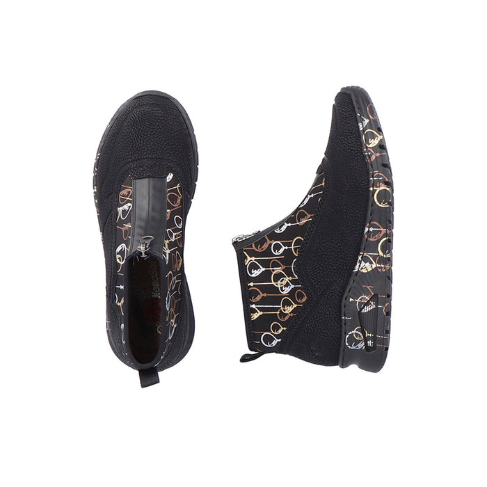 Women’s black ankle boots with gold graphic lining and pull-on style