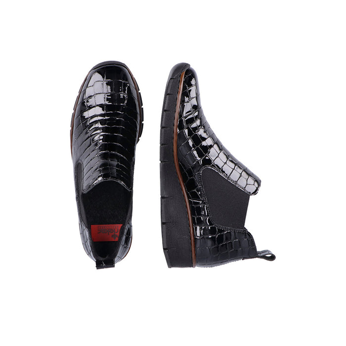 Black crocodile-look slip-on ankle boots with side gore and thick rubber sole