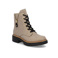 Houndstooth ankle boots with lace-up front, side zip, and chunky lug sole