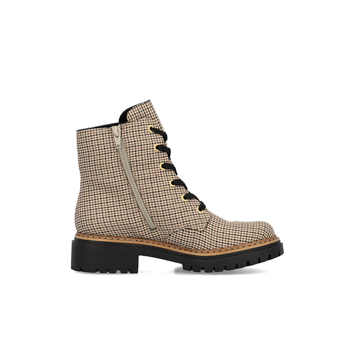 Houndstooth ankle boots with side zip, lace-up front, and chunky lug sole