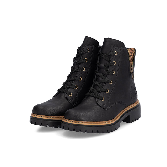 Black lace-up ankle boots with side zip panel and chunky lug sole