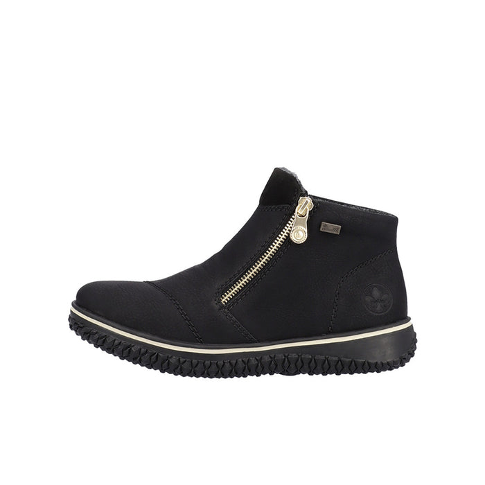 Black ankle boots with side zip and rugged textured sole