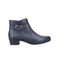 Blue ankle boots with metal-ring strap, short heel and side zipper
