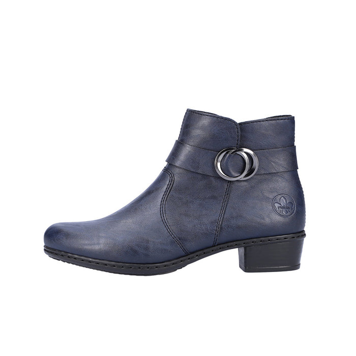 Blue ankle boots with metal-ring strap and block heel, side zipper