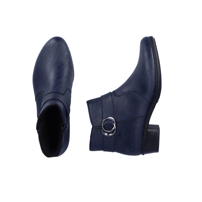 Blue ankle boots with metal-ring side strap and short block heel