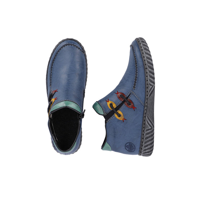 Women’s blue ankle boots, side view with green collar and lace-up detail, padded interior