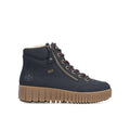Navy blue lace-up ankle boots with side zipper and cushioned padded collar